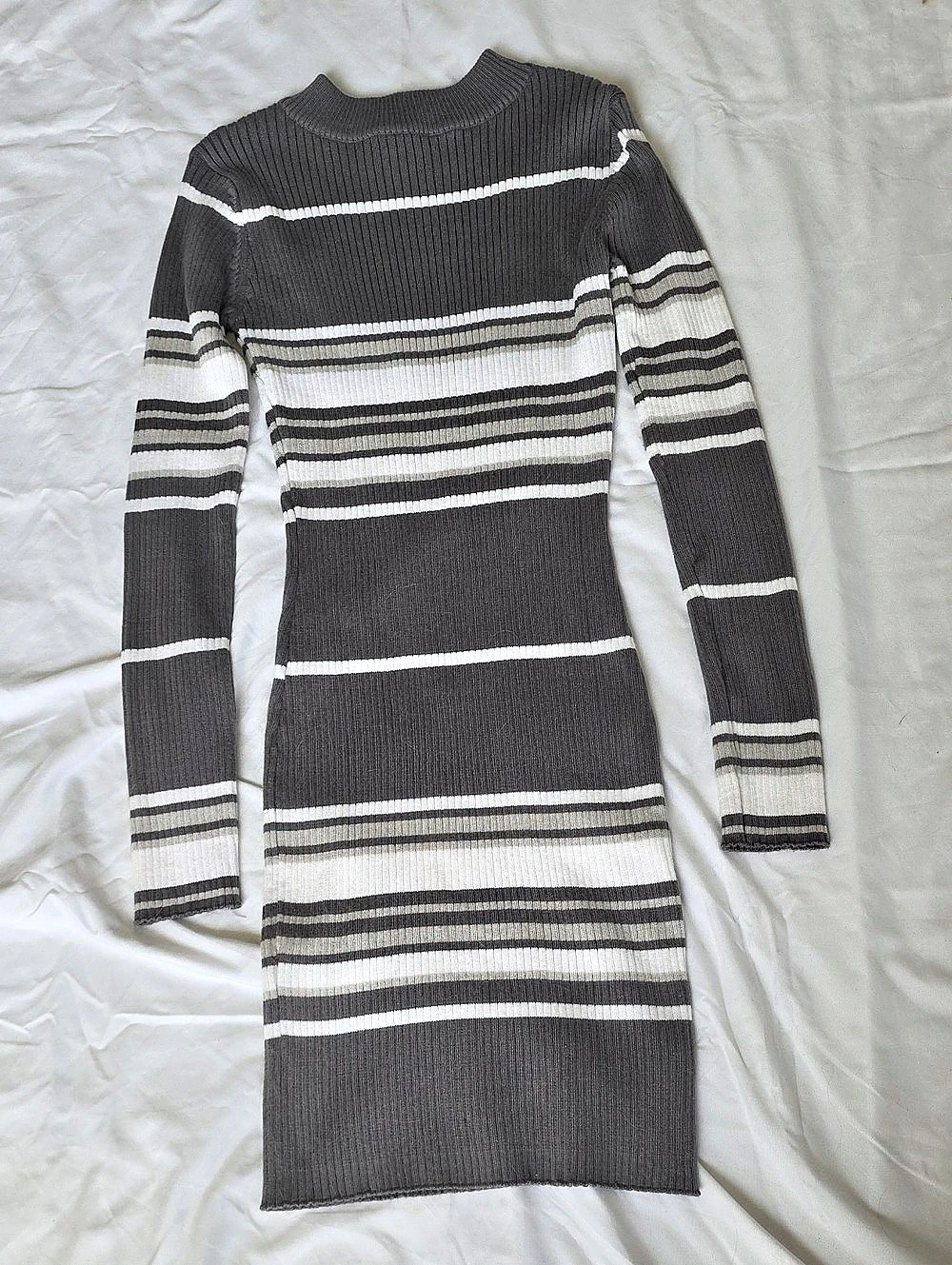 Joy Wot Striped Knit Mini Dress in Gray & White Size Medium